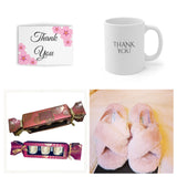 'Ava' Thank You gift set: Thank You Card, sweet smelling candle set, pair of house slippers and a Thank you mug.