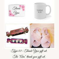 'Ava' Thank You gift set: Thank You Card, sweet smelling candle set, pair of house slippers and a Thank you mug.