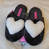 Super cute Betsey Johnson shiny black fur comfy slippers with white furry love or heart shape - Jay's Pretty Little Things For You