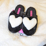 Super cute Betsey Johnson shiny black fur comfy slippers with white furry love or heart shape - Jay's Pretty Little Things For You