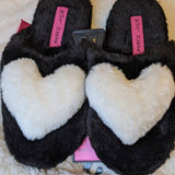 Super cute Betsey Johnson shiny black fur comfy slippers with white furry love or heart shape - Jay's Pretty Little Things For You